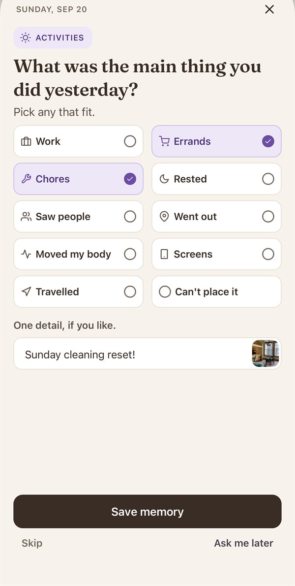 Ndge asking: What was the main thing you did yesterday? Errands and Chores are ticked, with the detail Sunday cleaning reset and a photo.